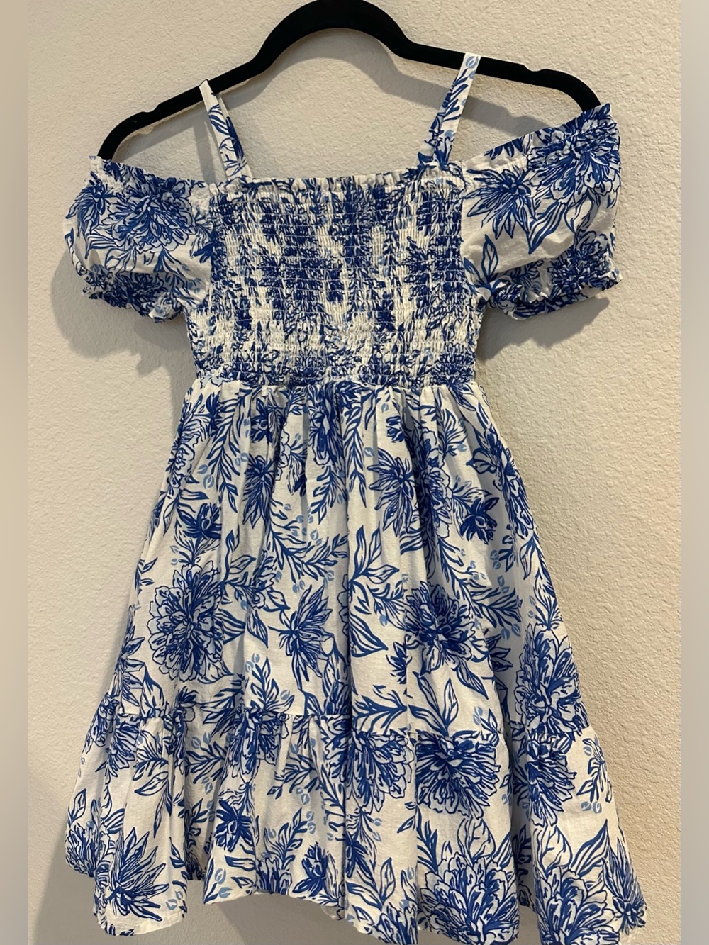 Joie White and Blue Floral Off-Shoulder Smocked Kids Dress